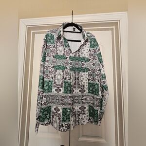 Green, Black & White Patchwork Print Button-Down Shirt